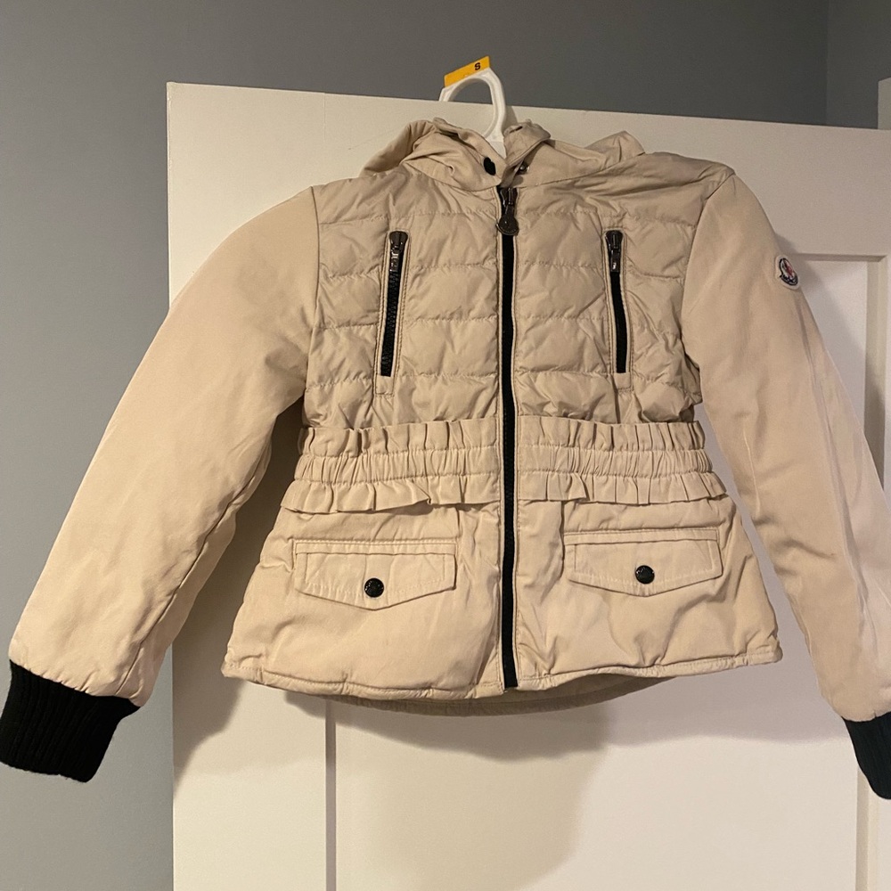 Moncler Beige Down Jacket with Black Trim. Size 6, Pristine condition.